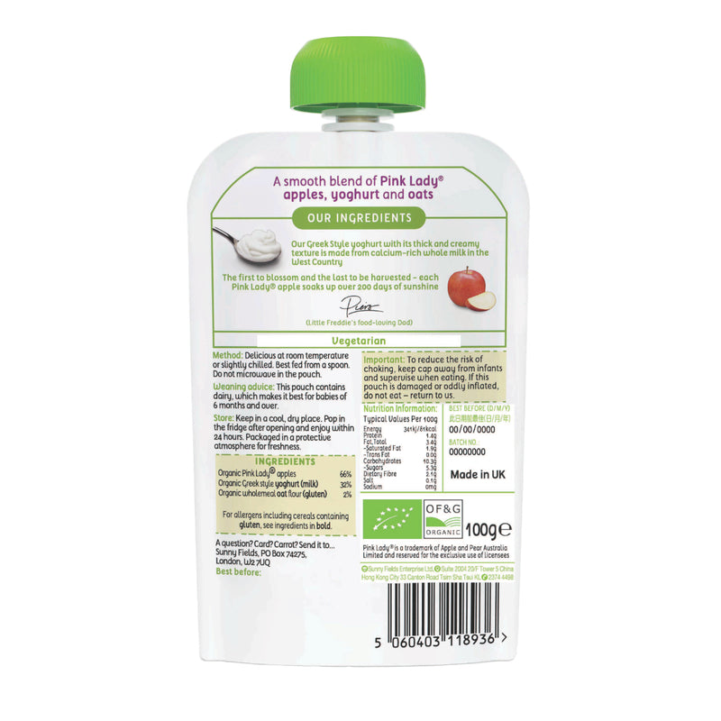 LITTLE FREDDIE Organic Creamy Pink Lady Apple Greek Style Yoghurt 100g