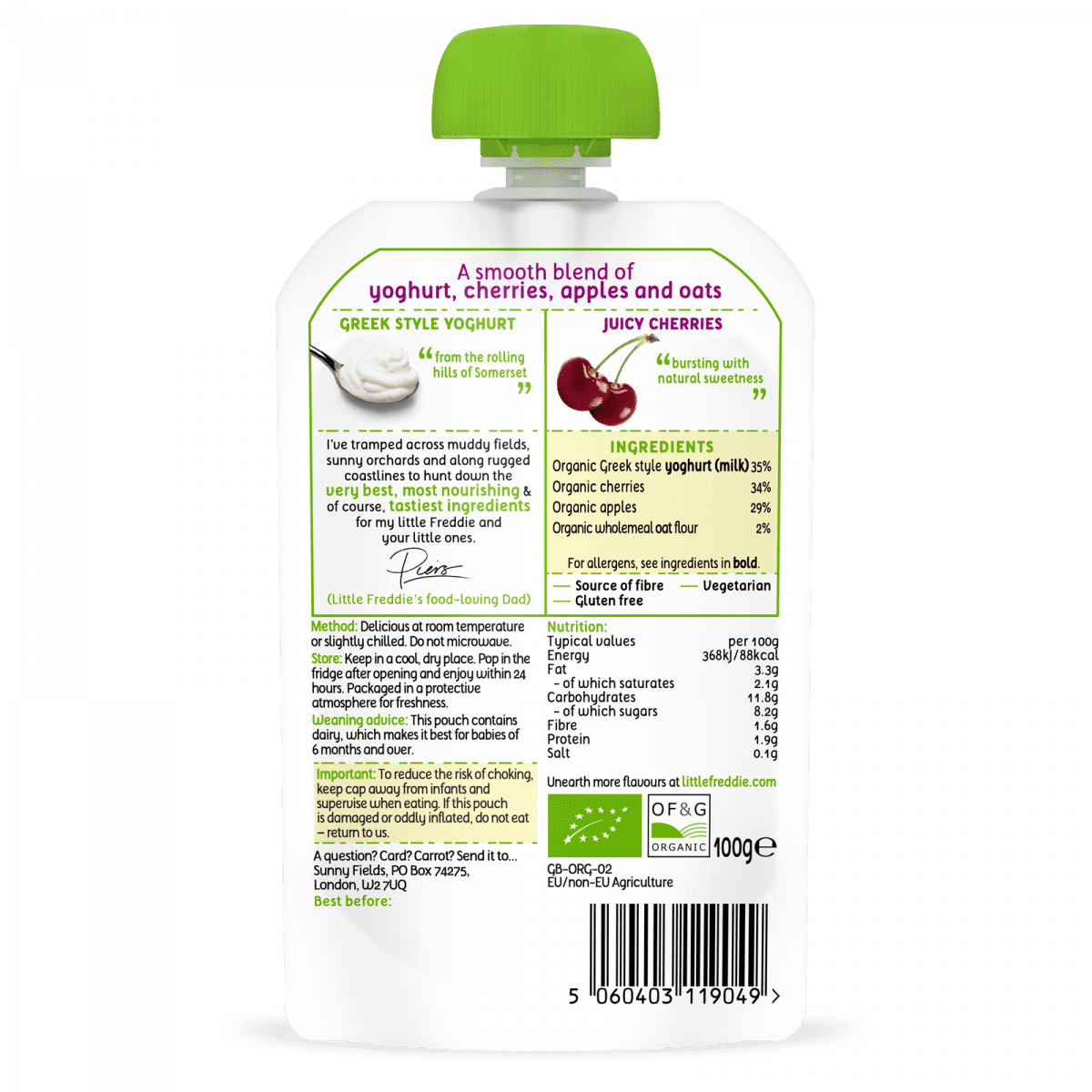 LITTLE FREDDIE Organic Cherry Greek Style Yoghurt 100g